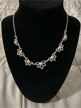 You’re Invited Silver-toned Floral Necklace - Soft Pinkish Pearls & Clear Stones